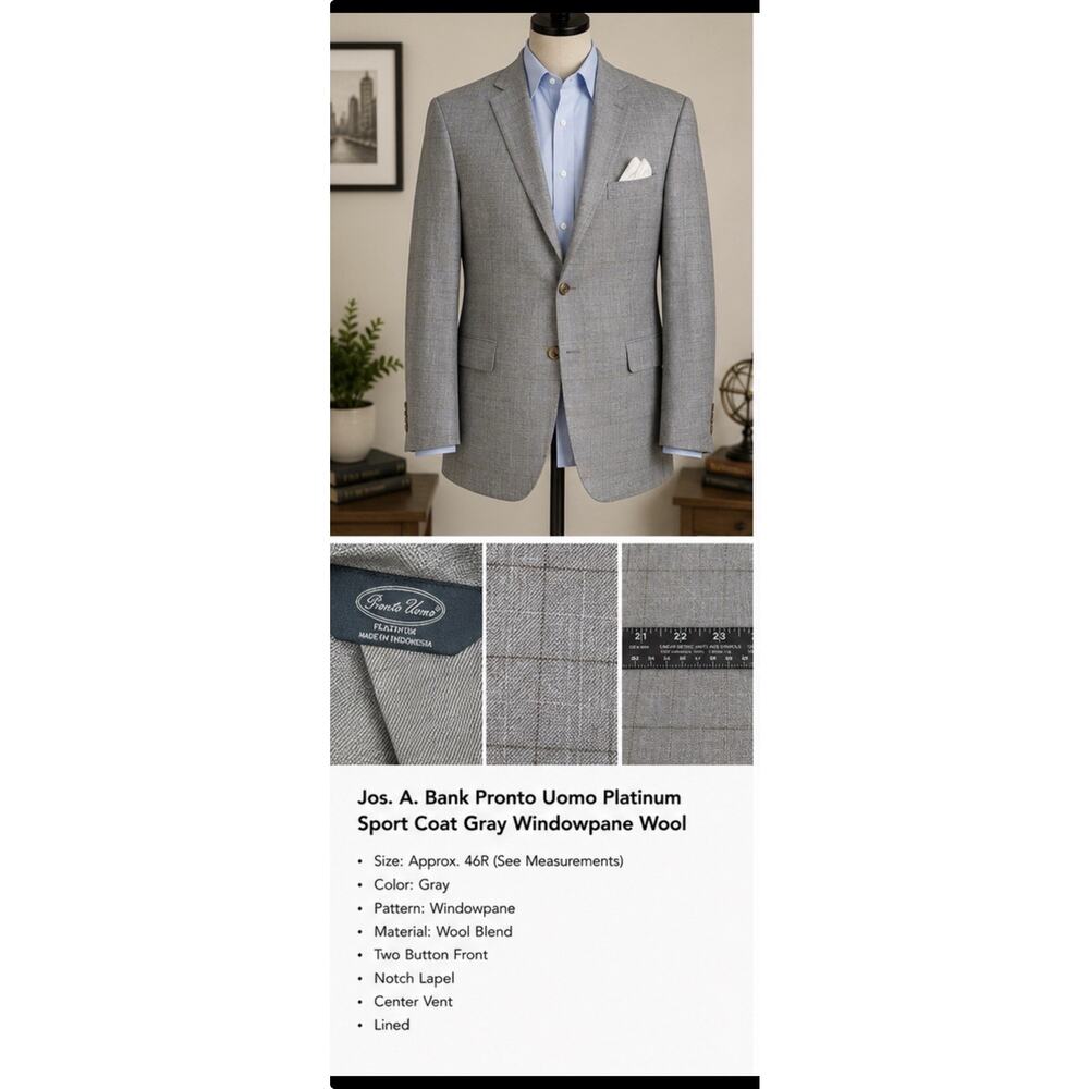 Jos A Bank Pronto Uomo Platinum Sport Coat Gray Windowpane Wool Mens 46R
